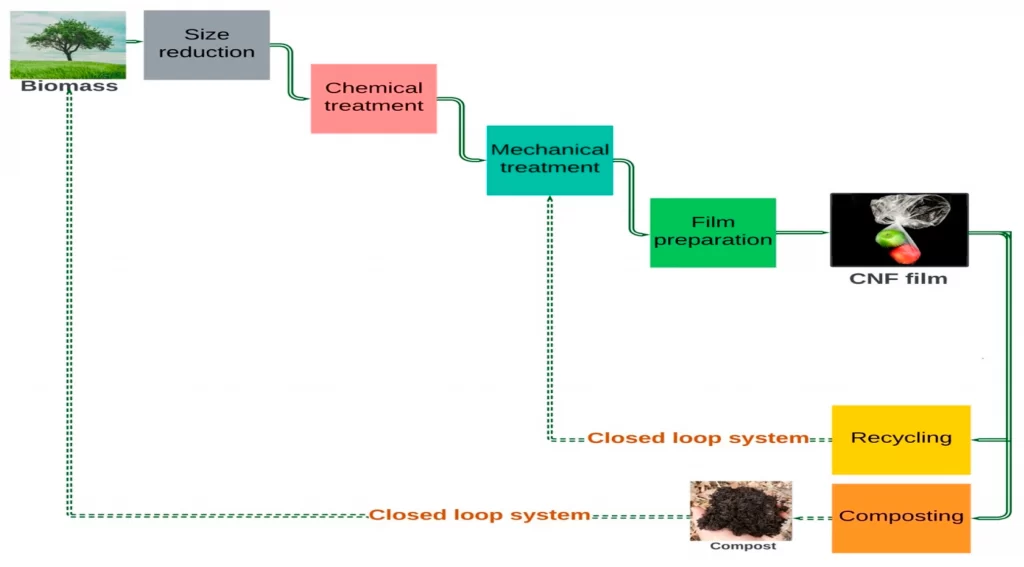 Flow chart showing the lifecycle of CNF film created from lignocellulosic waste and residue streams.